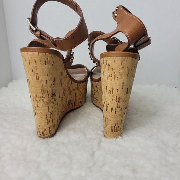 Miu Miu Women's Size 8.5 Brown Studded Spike Ankle Cork Platform Wedge Sandals - Picture 4 of 9
